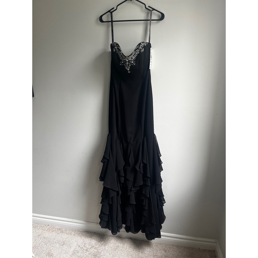 Alfred Angelo Sapphire Black Chiffon Beaded Ruffle Mermaid Evening Gown Size 4 - Picture 4 of 16